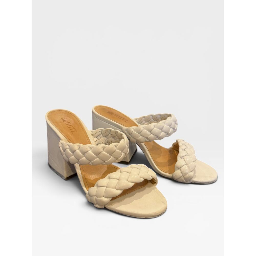 SCHUTZ Elida Braided Leather Block Heel Slide Sandal White 8 GUC - Picture 2 of 8